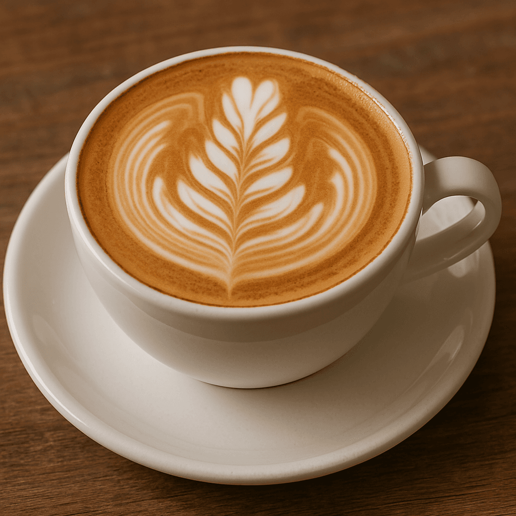 A cup of coffee with leaf-shaped latte art on a wooden table