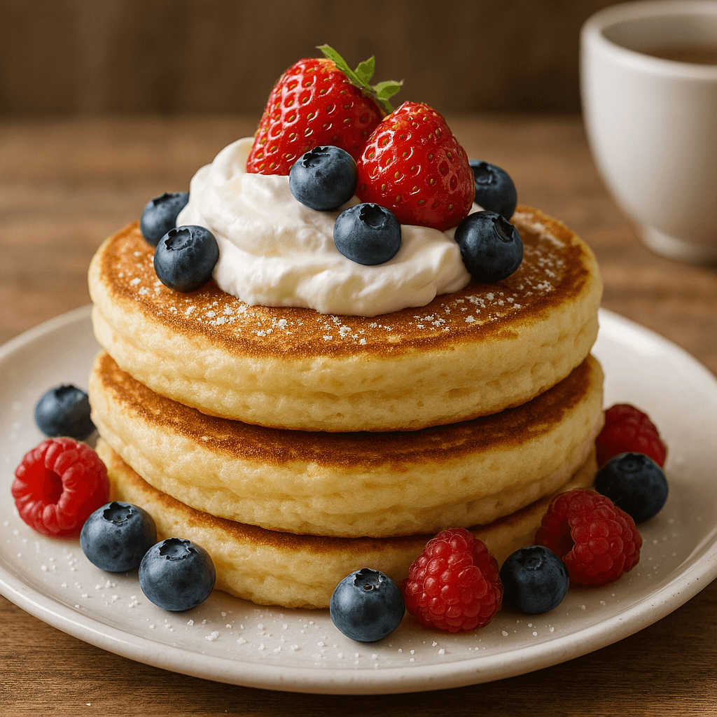 Fluffy pancakes topped with cream and fresh berries