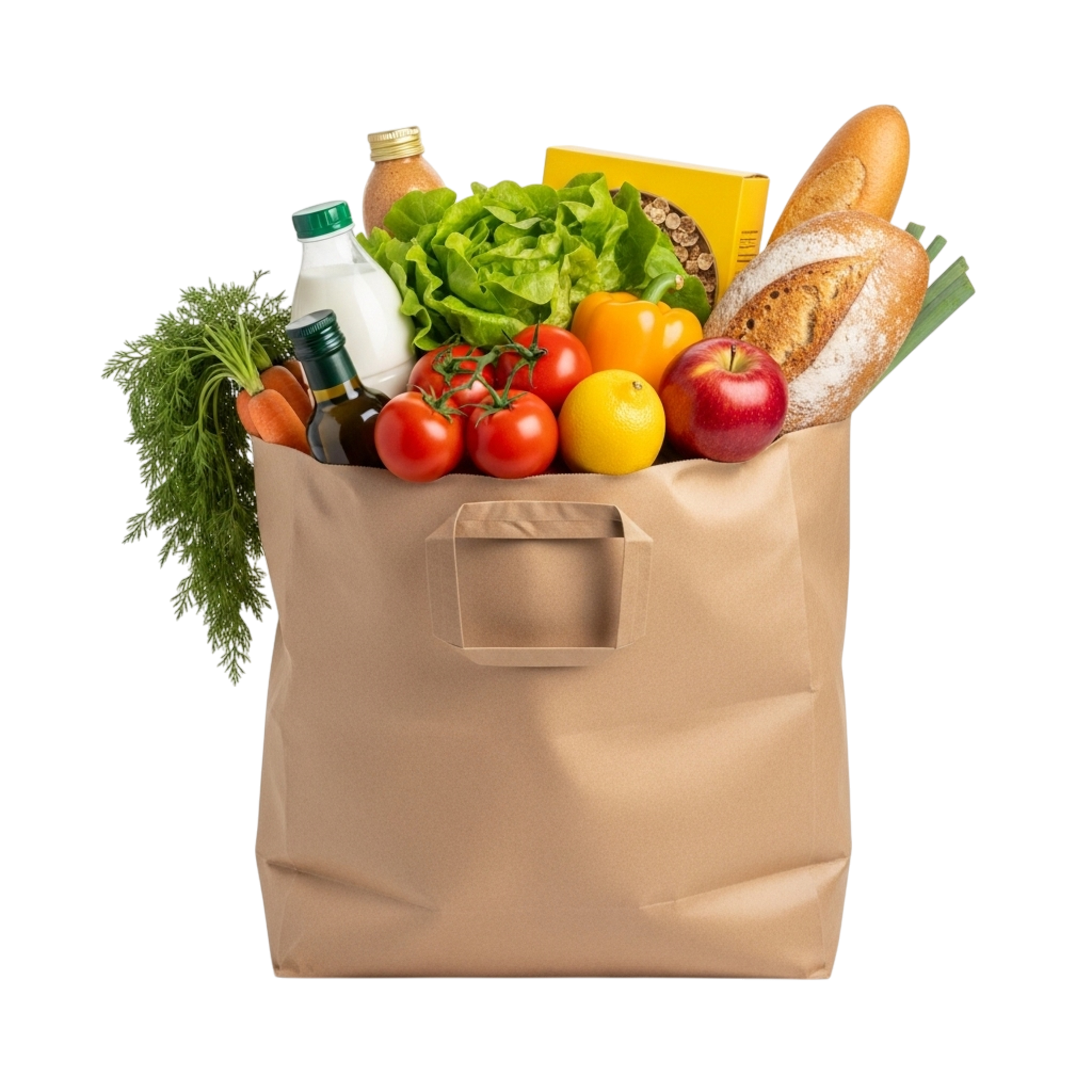 A paper grocery bag filled with fresh vegetables, bread and everyday kitchen staples
